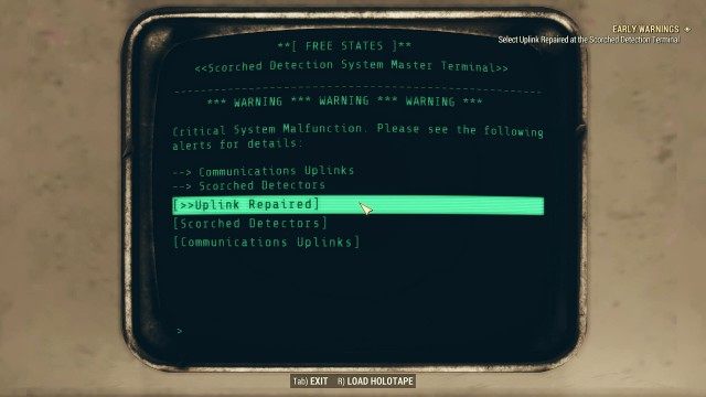 Select Uplink Repaired at the Scorched Detection Terminal