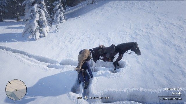 Pick up the deer carcass / Whistle for your horse / Approach the back of your horse / Stow the deer