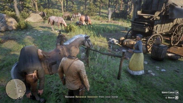 Hitch your horse / Remove Reverend Swanson from your horse / Drop him off in his bed