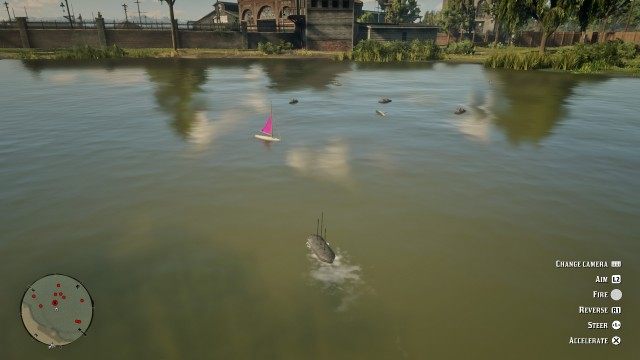 Destroy the sailboats while avoiding the mines