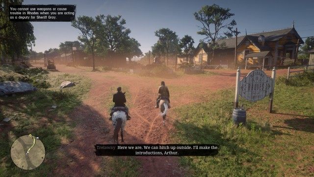 Mount your horse / Go to Rhodes station / Hitch your horse at the hitching post