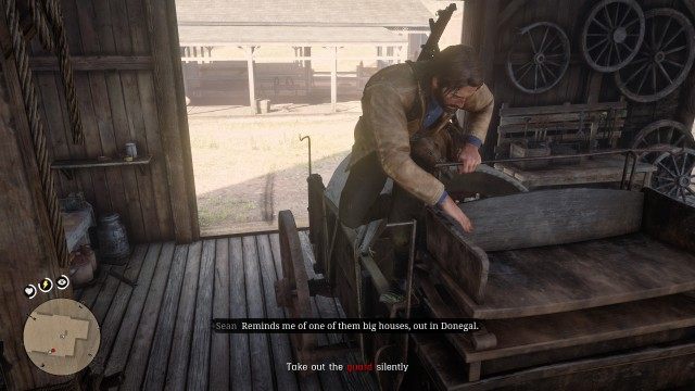Hide in the wagon until it's safe to exit / Take out the guard silently / Help Sean to hide the body