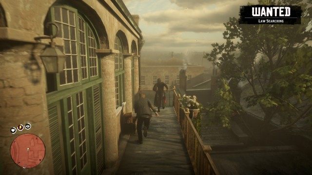 Jump across the alley to the roof / Follow Dutch / Climb in the abandoned building window