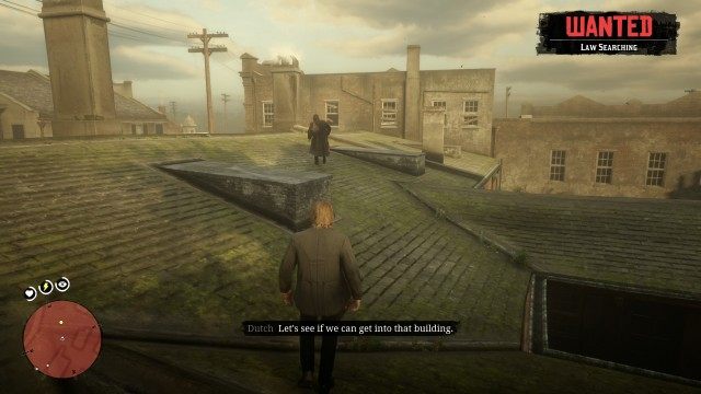Jump across the alley to the roof / Follow Dutch / Climb in the abandoned building window