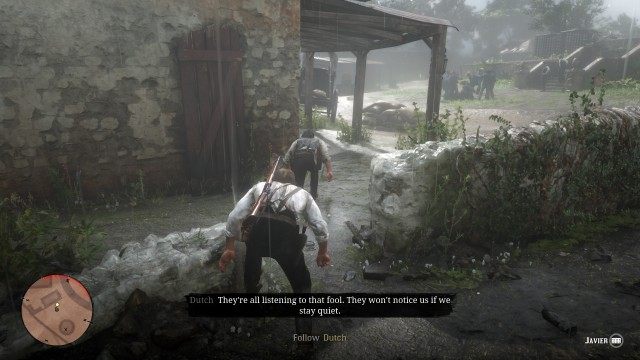 Follow Dutch / Sneak up on the guards / Kill the guard on the right / Pick up the body / Drop the body in the bushes