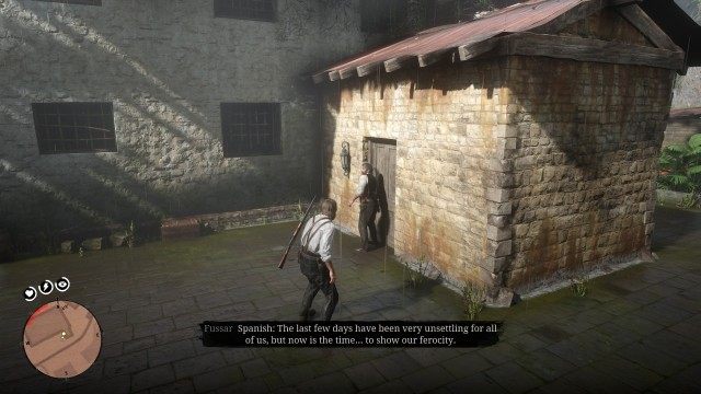 Follow Dutch / Take cover / Wait for the guards to leave / Take out the guard on the left