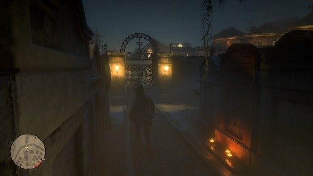 Follow John out of the cemetery
