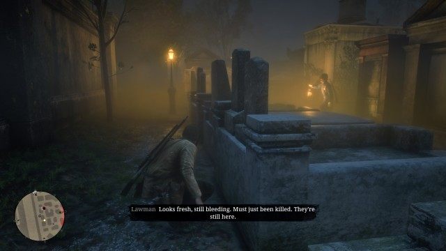 Follow John out of the cemetery