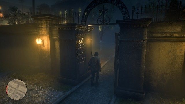 Follow John out of the cemetery