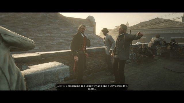 Go to the roof / Take out the lawmen while the gang climb up to the roof