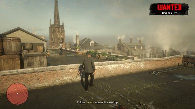 Follow Lenny across the rooftop / Take out the lawmen on the rooftop / Go and help Lenny