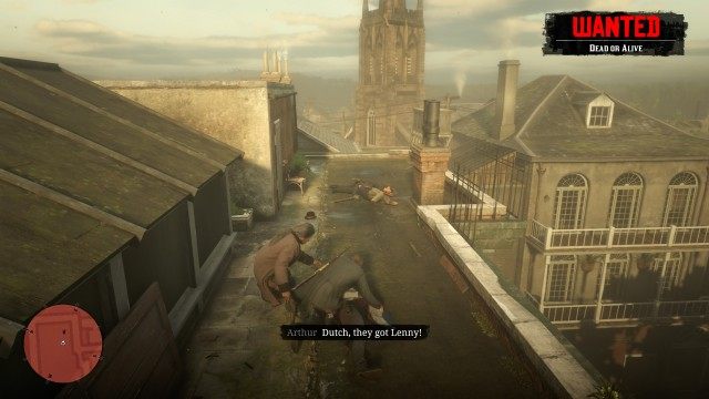 Follow Lenny across the rooftop / Take out the lawmen on the rooftop / Go and help Lenny