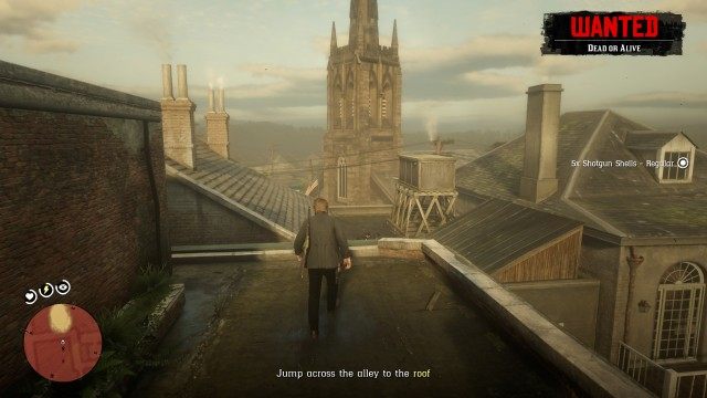 Jump across the alley to the roof / Follow Dutch / Climb in the abandoned building window