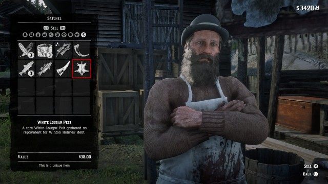 Stow the white cougar pelt on your horse / Sell the white cougar pelt at the butcher's stall