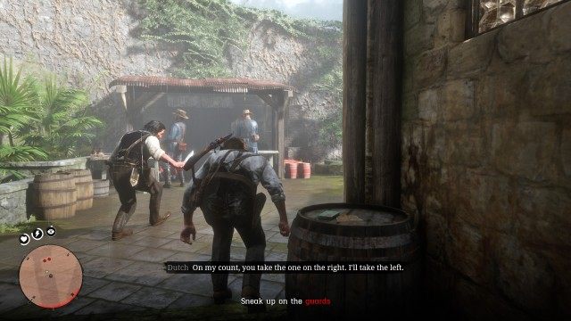 Follow Dutch / Sneak up on the guards / Kill the guard on the right / Pick up the body / Drop the body in the bushes
