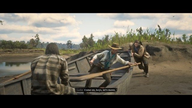 Stick with Sadie and John / Provide covering fire for S&J / Catch up to S&J / Escort S&J to the rowboat