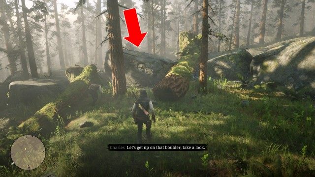 Follow Charles / Get on the cliff / Use the binoculars to survey the camp