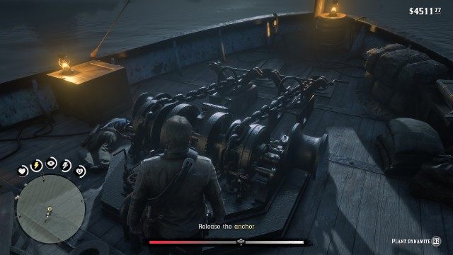 Wait for Dutch to get in the boat cabin / Release the anchor