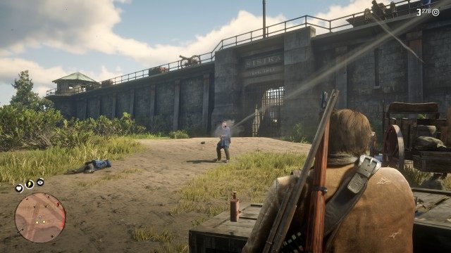 Stick with Sadie and John / Provide covering fire for S&J / Catch up to S&J / Escort S&J to the rowboat