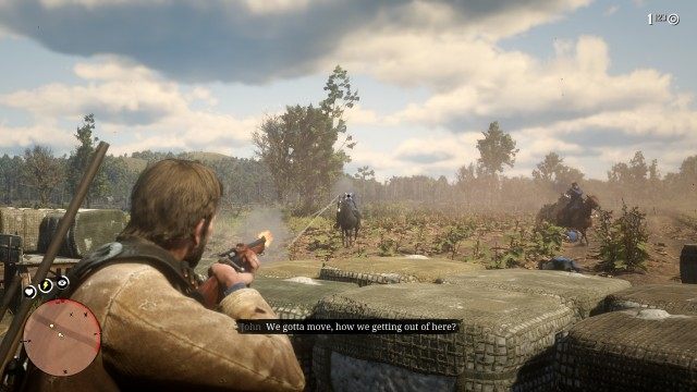 Stick with Sadie and John / Provide covering fire for S&J / Catch up to S&J / Escort S&J to the rowboat