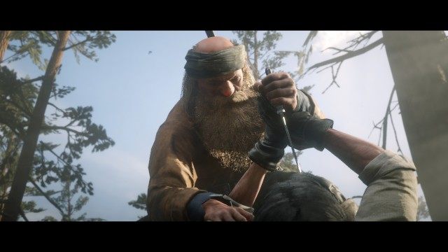 Follow Charles / Get on the cliff / Use the binoculars to survey the camp
