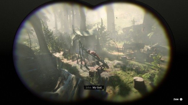 Follow Charles / Get on the cliff / Use the binoculars to survey the camp