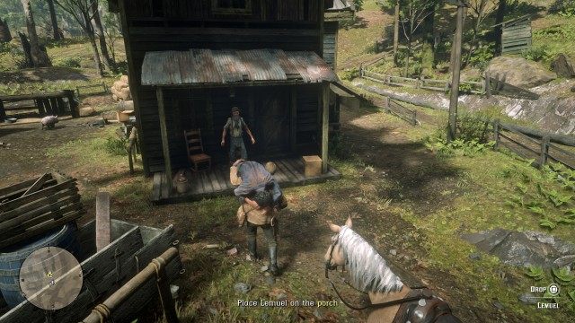 Pick up Lemuel from the horse / Place Lemuel on the porch