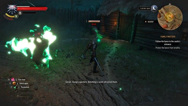 Protect the baron from wraiths. / Use the Axii Sign to calm the botchling.