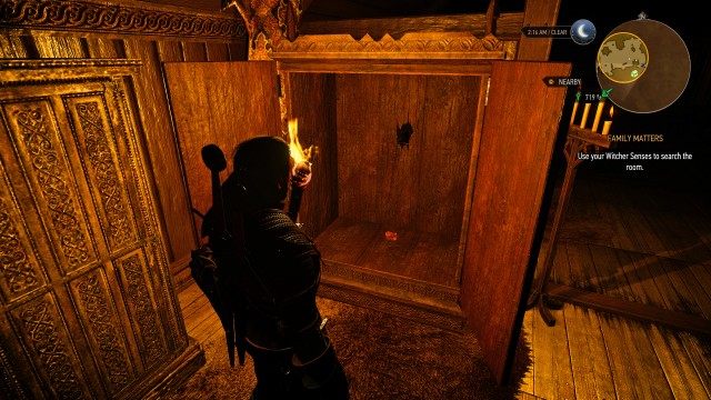 Follow the baron. / Use your Witcher Senses to search the room.