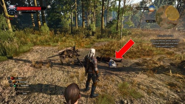 Using your Witcher Senses, search for Temerian shields with small white flowers painted on them.