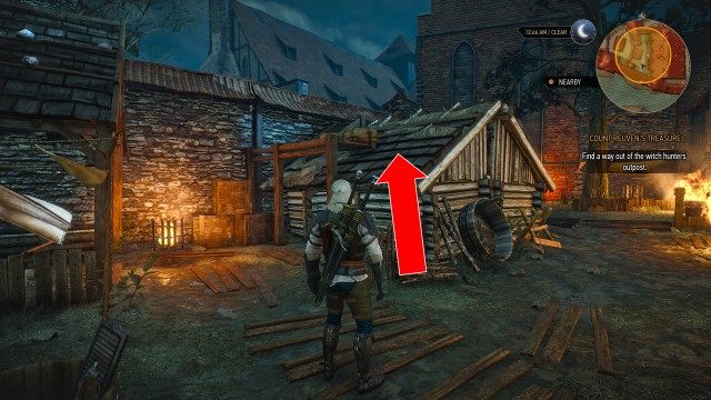 Find a way out of the witch hunters' outpost. / (Optional) Sneak out of the witch hunters' outpost.