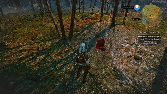 Find the bones of the spirit trapped beneath the Whispering Hillock using your Witcher Senses.