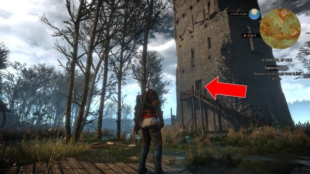 Head toward the tower. / Explore the tower.