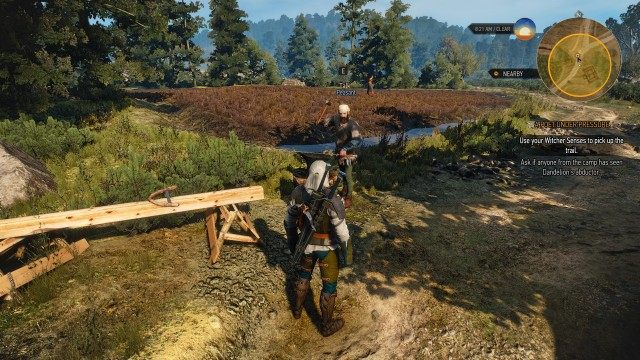 Use your Witcher Senses to pick up the trail. / Ask if anyone from the camp has seen Dandelion's abductor.