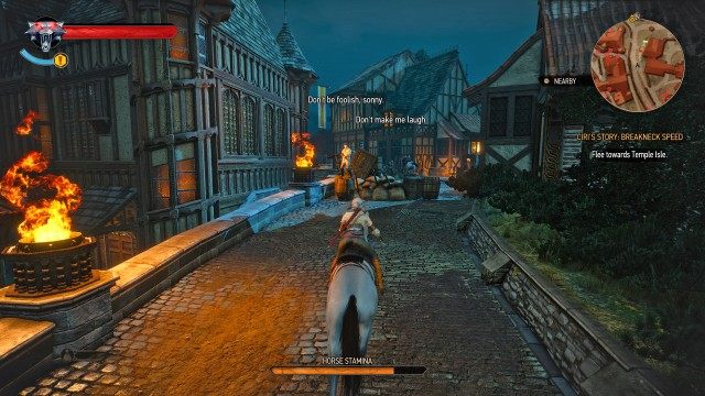 Flee towards Temple Isle. / Mount another horse.