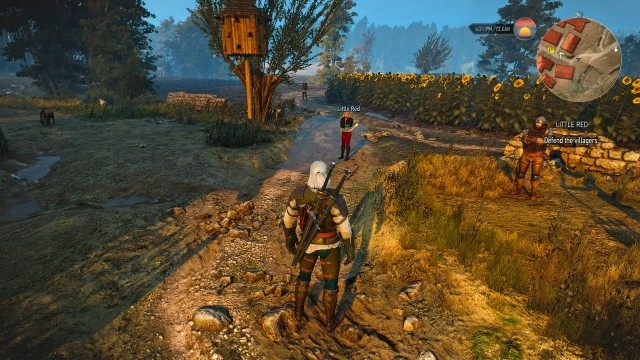 Wait until dusk for Little Red's band to attack. / Defend the villagers.