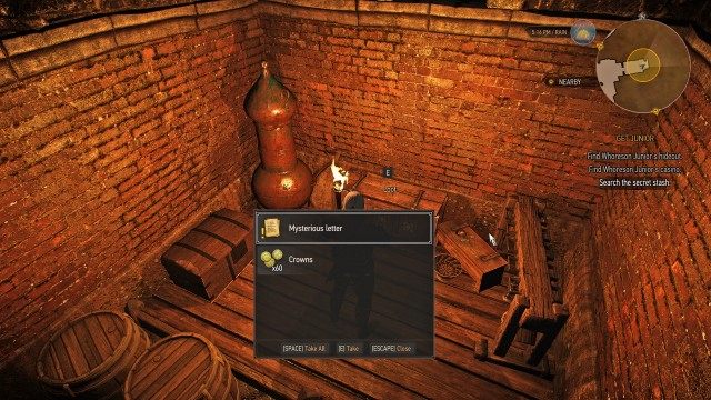 Use your Witcher Senses to find a way to access the secret stash. / Search the secret stash. / Read the mysterious letter.