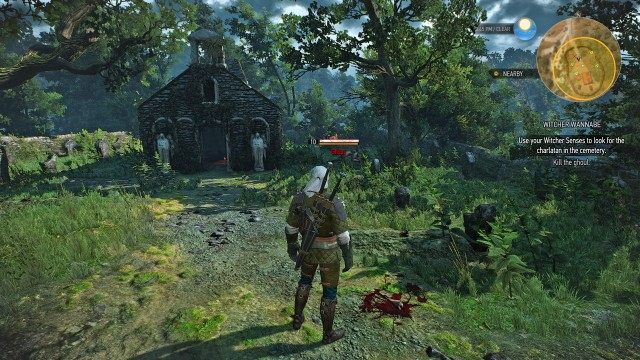 Use your Witcher Senses to look for the charlatan in the cemetery. / Kill the ghoul.