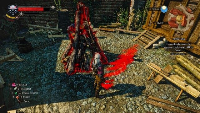 Examine the place where the woodcarver died using your Witcher Senses. / Examine the woodcarver's workshop using your Witcher Senses.