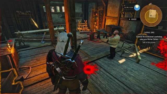 Examine the place where the woodcarver died using your Witcher Senses. / Examine the woodcarver's workshop using your Witcher Senses.