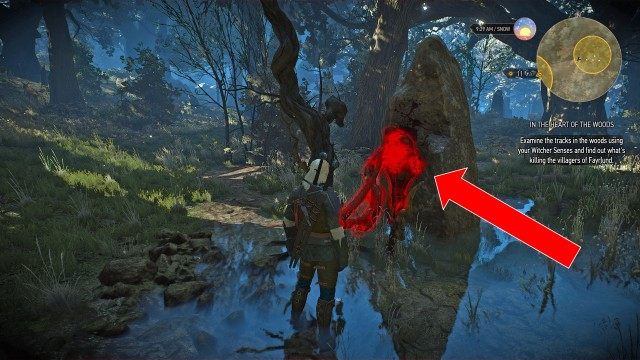 Examine the tracks in the woods using your Witcher Senses and find out what's killing the villagers of Fayrlund.