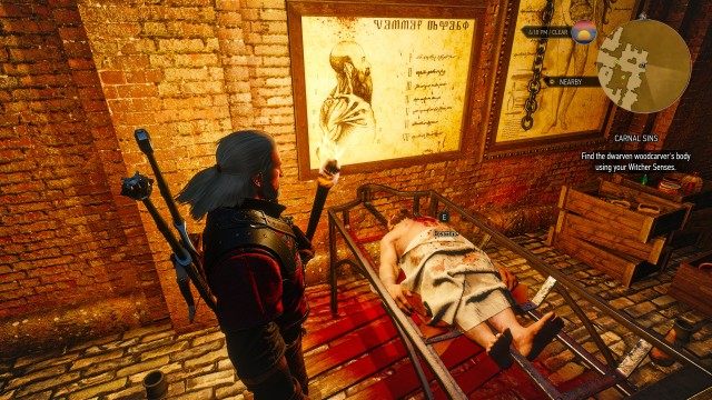 Find the dwarven woodcarver's body using your Witcher Senses.