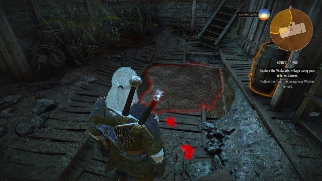 Follow the scent using your Witcher Senses. / Follow the footprints using your Witcher Senses.