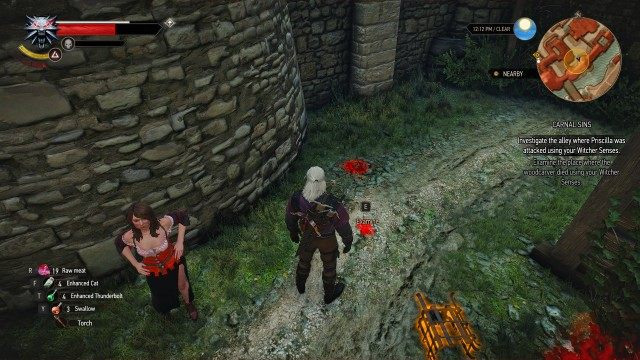 Investigate the alley where Priscilla was attacked using your Witcher Senses.