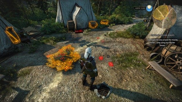 Travel to the missing miners' camp. / Investigate the area around the missing miners' camp using your Witcher Senses.