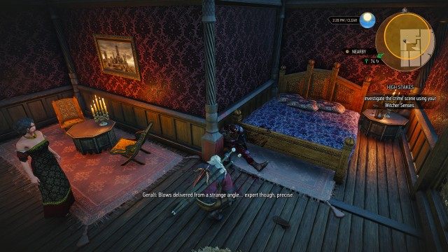 Follow the guard to the crime scene. / Investigate the crime scene using your Witcher Senses.