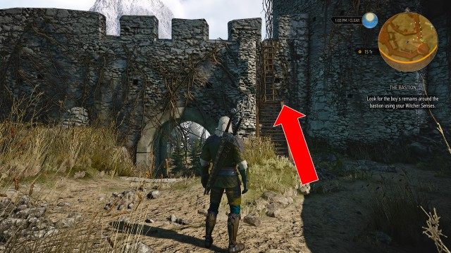 Look for the boy's remains around the bastion using your Witcher Senses.