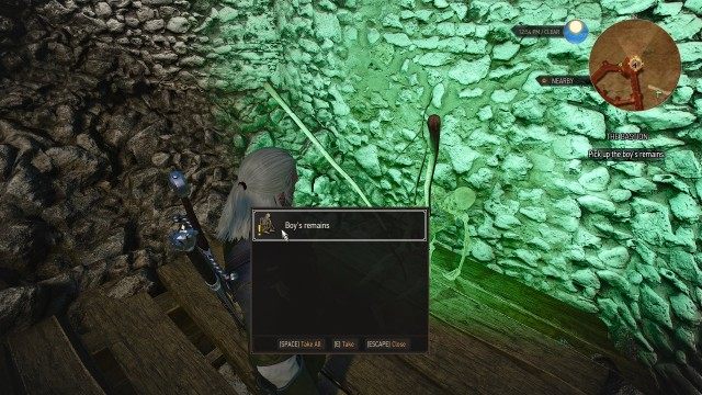 Use Keira's lamp to find out what happened to the boy. / Pick up the boy's remains.
