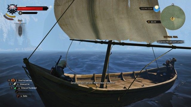 Get in the boat. / Sail across the lake with Lambert.