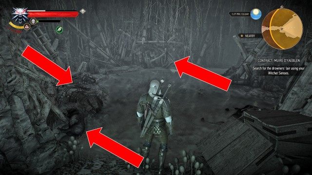 Investigate the place where the drowners were seen using your Witcher Senses. / Search for the drowners' lair using your Witcher Senses.